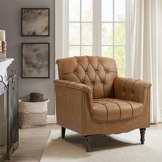 Faux Leather Accent Chair, PU Leather Modern Comfy Upholstered Armchair with Wood Legs & Nailhead Trim for Living Room, Bedroom (Camel,Set of 1)