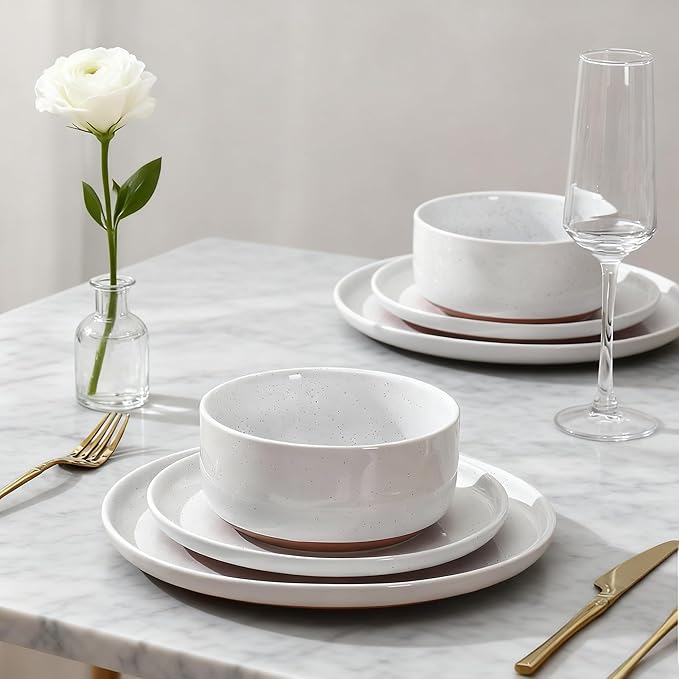GZG Modern Art Series - 12 Pcs Speckled Stoneware Plates and Bowls Sets, Ceramic Dinnerware Set with Rustic Terracotta Underside, Microwave and Dishwasher Safe Handcrafted Dishes Set - Porcelain White