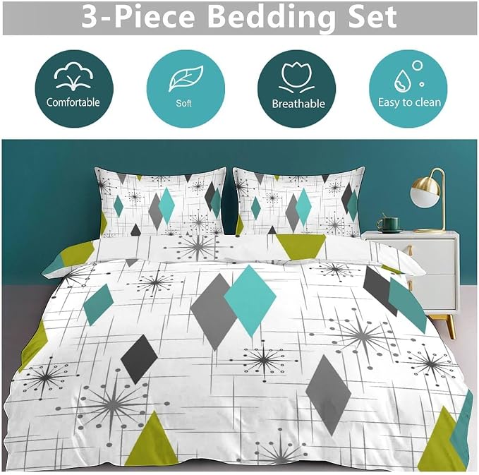 Mid Century Bedding Set,Retro Starbursts Abstract Green Grey Geometric Minimalist 1950s 60s Pattern Comforter Set with Pillowcase for Bedroom Bed Decor,Full 79"x90"
