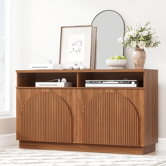 Yechen Walnut Fluted Sideboard Buffet Cabinet with Arched Reeded Design Doors, Mid Century Modern Credenza Storage Cabinet with Adjustable Shelves, for Living Room Kitchen Dinning Entryway