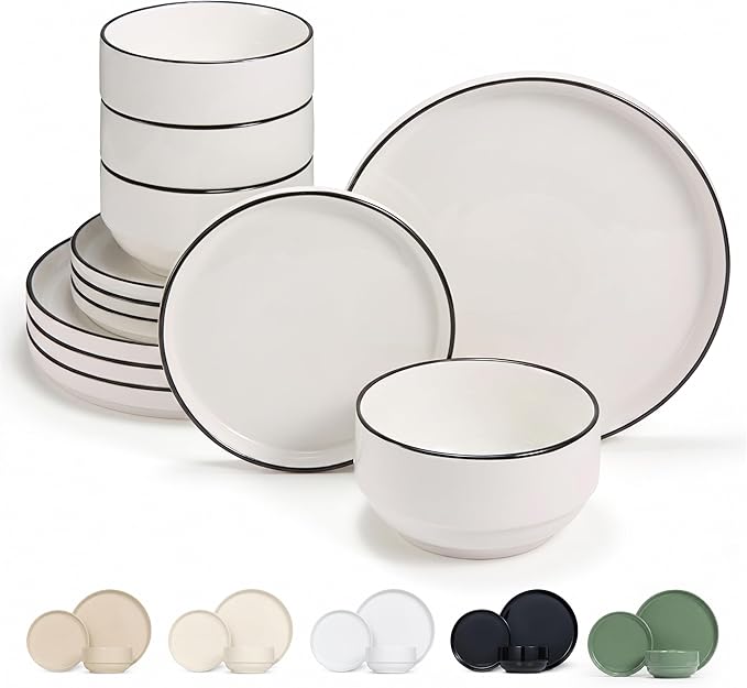 Vase and Vessel Ceramic Dinnerware Set, 12-Piece Service for 4, Round, Microwave and Dishwasher Safe, Cambridge Classics (French)