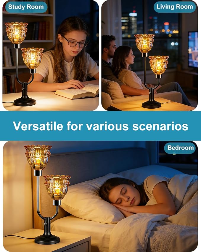 Lightdot Vintage Table Lamp for Living Room Dimmable Mid Century Modern Black Desk Lamp Amber Glass Nightstand Lamp 2 Bulbs Included Warmwhite Ambient Bedside Lamps for Bedroom Home Office Decor Gift