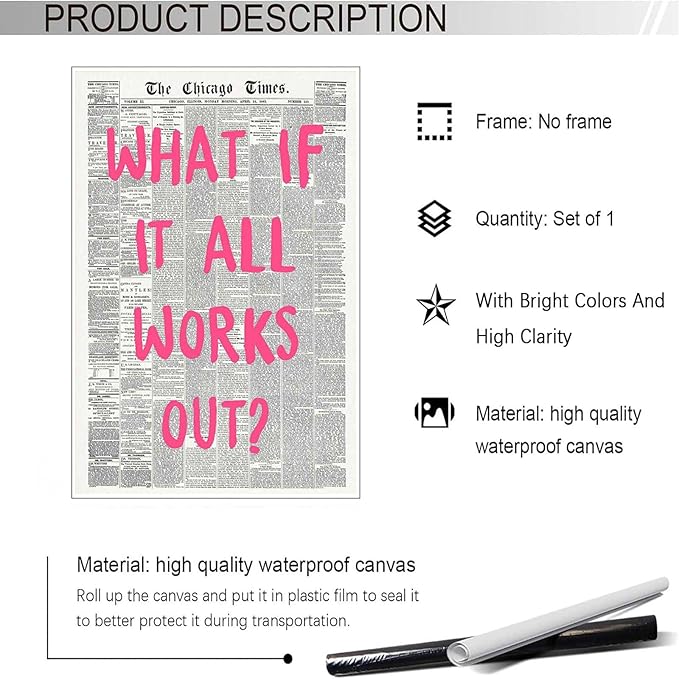 Drimiler What If It All Works Out Poster Retro Newspaper Pink Font Canvas Wall Art Positive Affirming Quote Minimalist Prints Painting For Home Bedroom Dorm Wall Decor 12x18in Unframed