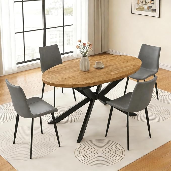 63"-78.7" Extendable Round Dining Table Set for 4, 5 Piece Mid Century Modern Oval Kitchen Table Set, Large Dining Table with 4 Dining Chairs for Living Room Space Saving（Walnut Table+4 Grey Chairs)