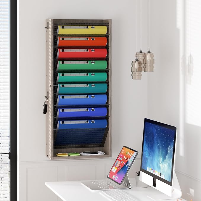 Creso hom Mail Organizer Wall Mounted, 11-Tier Hanging File Organizer with 4 Hooks, Wall File Holder for Papers, Folders, Documents, Bills, Magazines, Letters, Office&School Organization, Greige