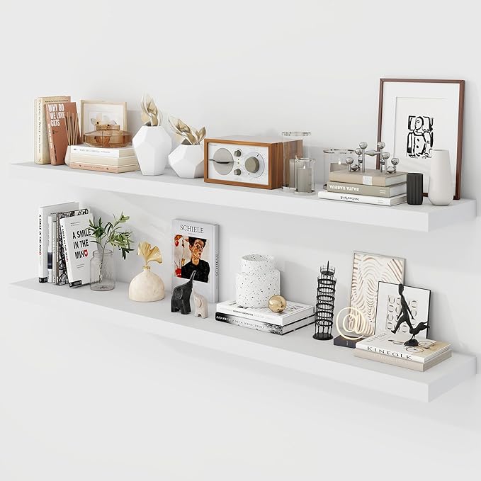 55 Inch Floating Shelves, 9.3" Deep Floating Shelf Wall Mounted, 56" Wall Shelves, Rustic Deep Bookshelf, Large Display Shelves & Storage Shelves for Bedroom, Living Room, White, Set of 2