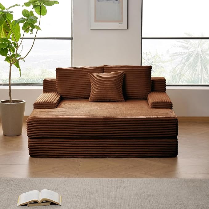 Boneless Chaise Lounge Chair Indoor - 59" Oversized Corduroy Floor Boneless Loveseat Sofa Couch for Living Room, No Assembly Required,Brown