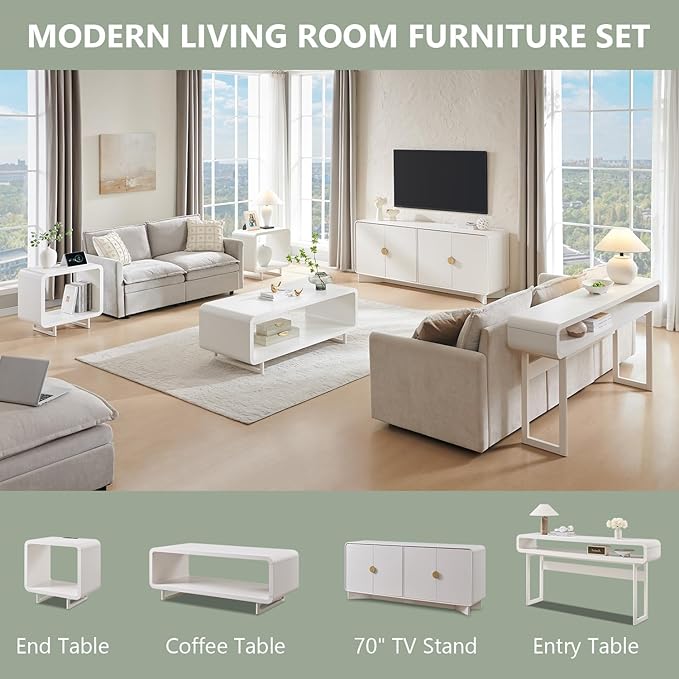 Modern Buffet Cabinet with Storage, 70" Large Sideboard Buffet Storage Cabinet with 4 Doors and Adjustable Shleves, Wooden Curved Coffee Bar for Dining Room, Kitchen, Living Room, White