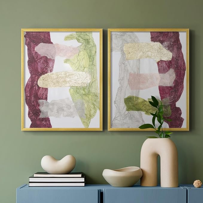 Renditions Gallery Set of 2 Peel & Stick Framed Prints, Abstract Wall Art, Mix Color Dyed Textures Wall Decor, Re-Stickable - Ready to Hang - 8"x10" - GOLD Frame LT588
