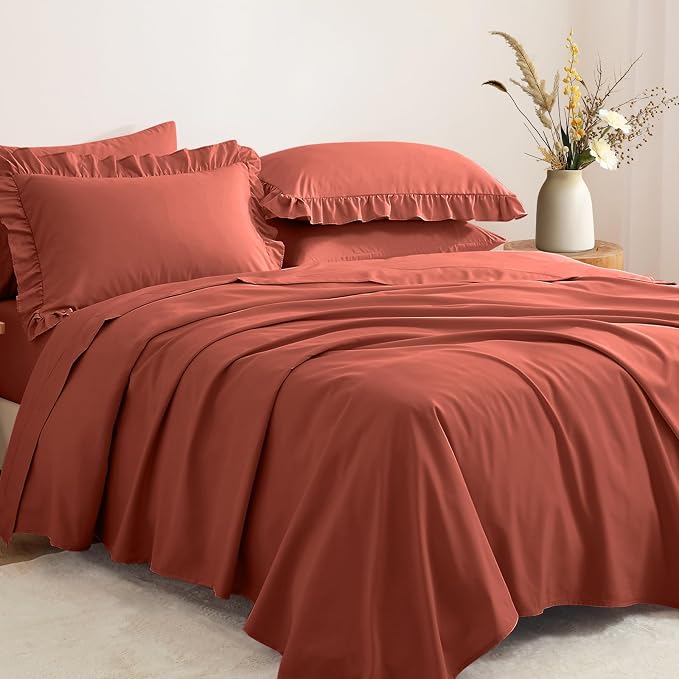 Horbaunal Terracotta Ruffle Sheets Twin Size 4 Piece, Fits 16" Deep Mattress, Microfiber Rust Twin Sheets with 1 Ruffled Pillowcases, Shabby Chic Bed Sheet Set