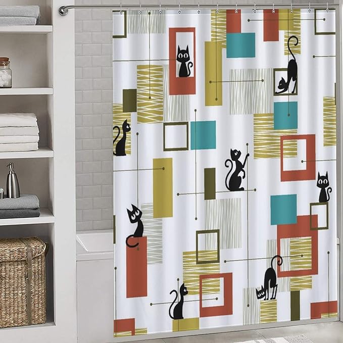 Mid Century Shower Curtain for Bathroom, Modern Black Cat Abstract Atomic Geometric Pattern Lovely Kittey Retro 1950s 1960s Waterproof Fabric Shower Curtain Set with Hooks,72"x78" Inch
