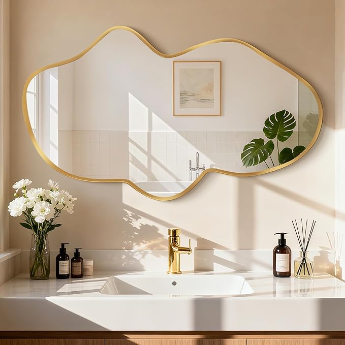 Irregular Wall Mirror, Gold Bathroom Wavy Abstract Mirror for Over Sink, Decorative Cloud-Shaped Wall Mirror, Stylish Shatter-Proof HD Mirror for Bedroom, Entryway (22"x36", S, 2 Pack)