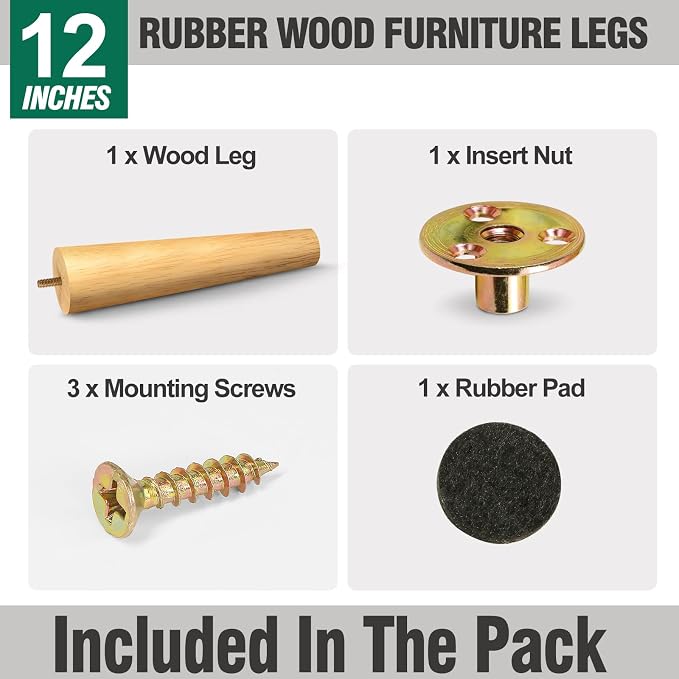 FoDau770 Rubber Wood Furniture Legs 12 Inches, 5/16" UNC Straight Tapered Wood Feet Mid Century Sofa Legs, Wooden Furniture Feet Replacement Parts for Cabinet Couch Dresser Chair Ottoman Table