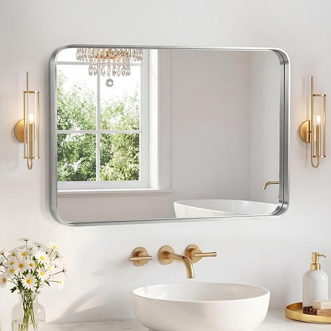 NEWBULIG 24X32 Inch Bathroom Mirror for Over Sink, Wall Vanity Mirrors Tempered Glass, Anti-Rust Metal Framed Rounded Rectangle, Hangs Horizontally or Vertically, Farmhouse Home Decor, Silvery