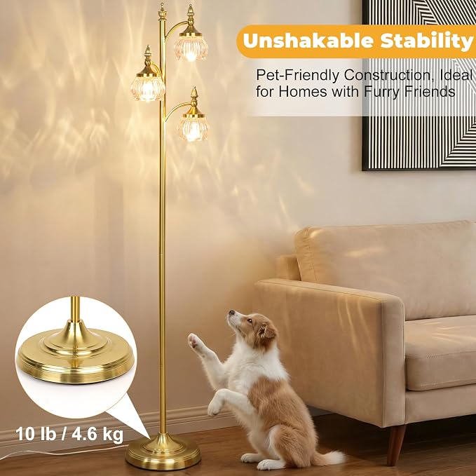 JUNNAI Floor Lamp Gold Glass Brass 66.5in Tall Standing Lamp for Living Room with 3 Brightness Lights Vintage Tree Flower Lamp for Bedroom Office(3LED Bulbs Included)