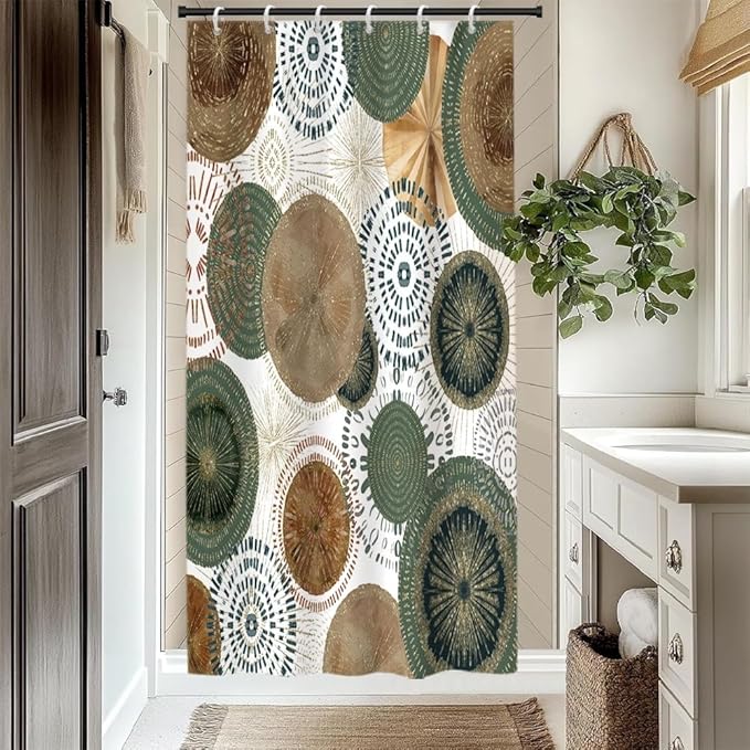 Mid Century Retro Bohemian Shower Curtain for Bathroom Green and Brown Circle Shower Curtains Abstract Geometric Design Bathroom Decor Set Washable Waterproof Polyester Fabric with Hooks 36x72 Inch