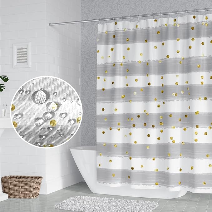 Grey and White Stripes Shower Curtain for Bathroom Abstract Lines Gold Spots Shower Curtain Waterproof Polyester Fabric Modern Art Aesthetics Home Decor Bath Curtain with Hooks, 69x70 Inch