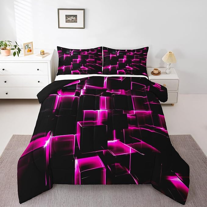 Erosebridal Honeycomb Square Comforter Set for Kids Girls 3D Geometric Square Bedding Twin, Pink Black Neon Lights Bedding Sets, Gradient Print Duvet Insert with 1 Pillow Case