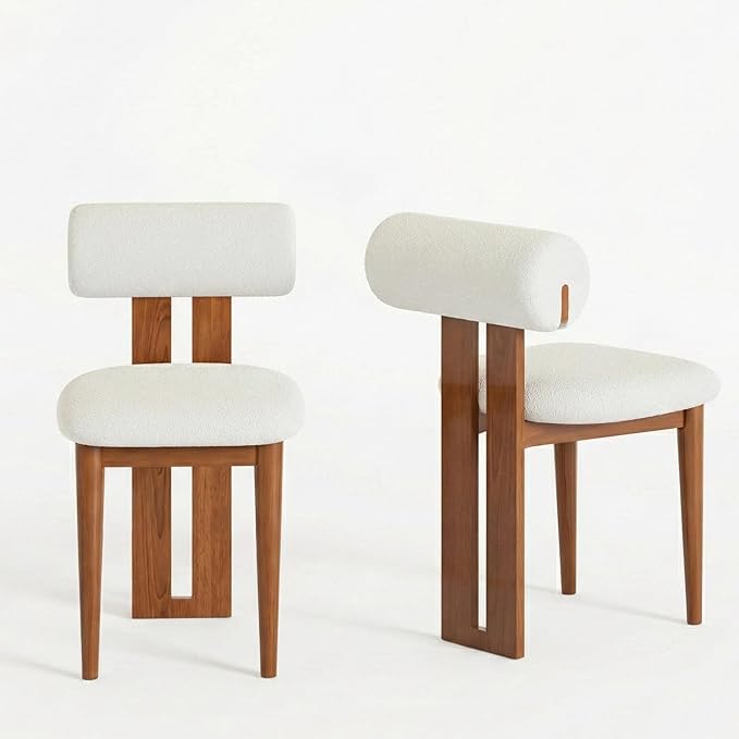 Upholstered Kitchen & Dining Room Table Chairs Set of 2, Solid Wood Walnut Mid Century Dining Chairs with Boucle Upholstery, Cylindrical Backrest for Vanity, Living Room, Office, White & Walnut