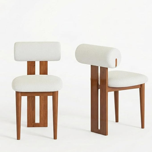 Upholstered Kitchen & Dining Room Table Chairs Set of 2, Solid Wood Walnut Mid Century Dining Chairs with Boucle Upholstery, Cylindrical Backrest for Vanity, Living Room, Office, White & Walnut
