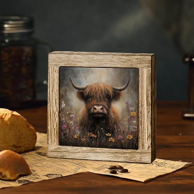 Highland Cow Wildflower Wooden Desktop Sign, Rustic Farmhouse Cow Wood Plaque Tabletop Decor, Country Floral Cattle Wooden Sign for Home Office Shelf