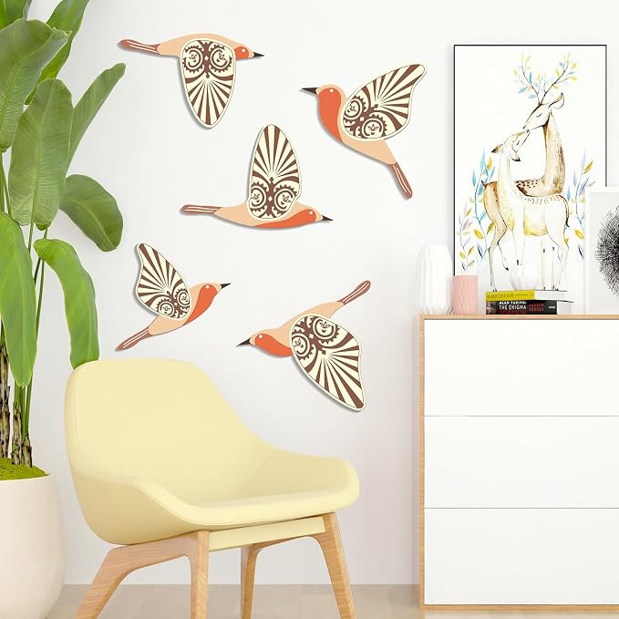 KOYILTD 5 Piece Bird Wood Wall Sculptures Wooden Wall Art Decor Scandinavian Home Decorations Flying Bird Wall Decor Farmhouse Wall Art for Home Living Room Bathroom Dining Room (Orange)