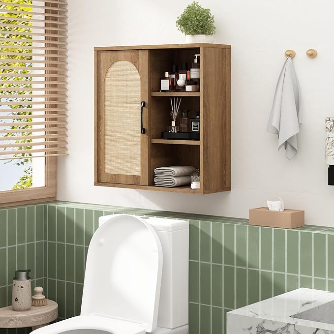 RUSTOWN Boho Rattan Wall Cabinet, Midcentury Bathroom Cabinet with Sliding Door, Adjustable Shelves, Over The Toilet Storage Cabinet (Rustic Oak)