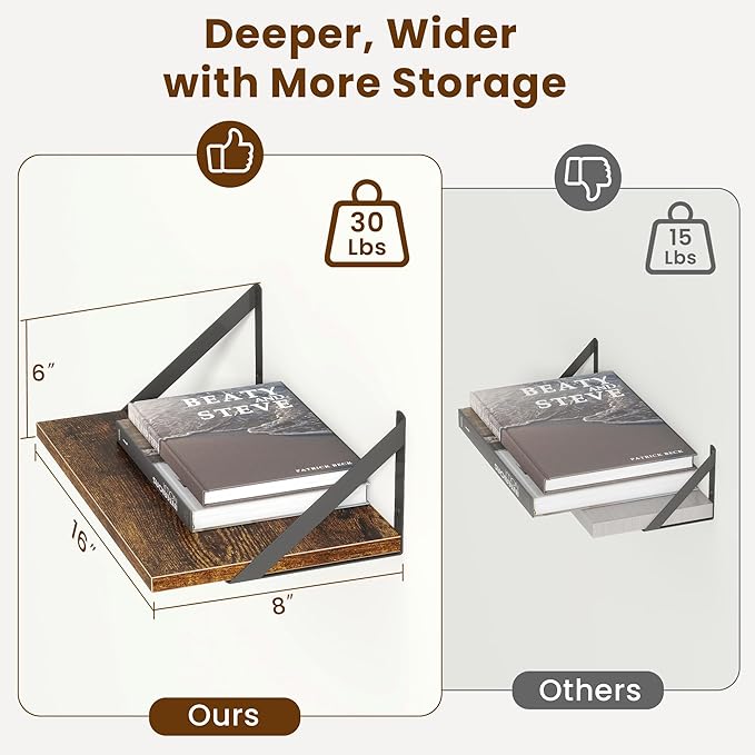 8" Deep Floating Shelves for Wall,16 inch Wood Wall Shelves Set of 2,Wide Floating Bookshelf with Sturdy Metal Brackets,Hanging Storage Floating Shelf for Living Room,Bedroom,Bathroom,Rustic Brown