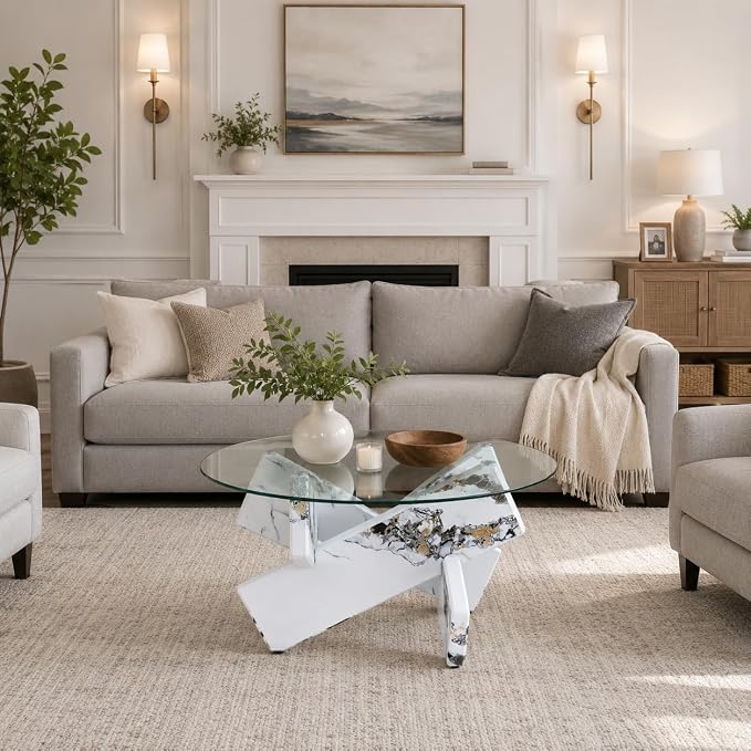 Round Glass Top Coffee Tables for Living Room, 33.4 Inch White Center Table, Mid Century Circle Cocktail Table with Marble-Looking Crossed Legs