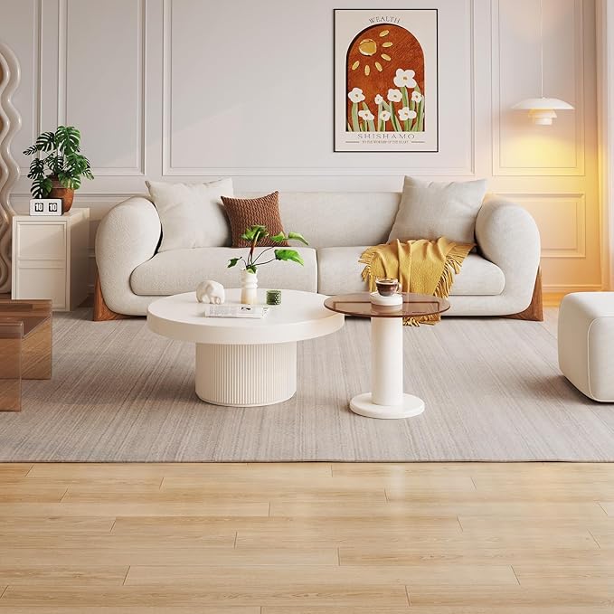 Guyii Round Nested Coffee Table Set, Creamy White Coffee Table and Tempered Glass Side Table Set, 2 in 1 Modern Nesting Coffee Table, End Table for Living Room, Bedroom, Small Spaces