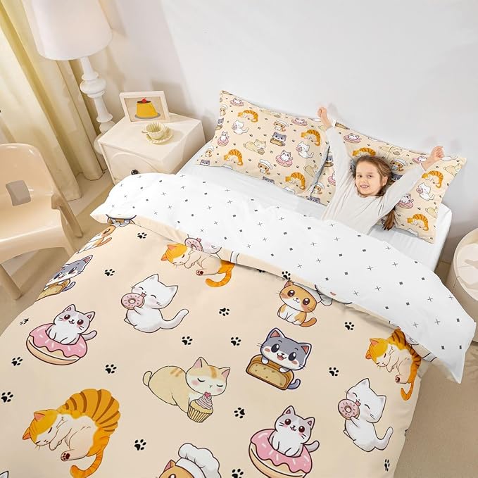Erosebridal Cute Cats Comforter Cover Full Cartoon Kitten Bedding Set Lovely Animals Pets Duvet Cover for Kids Girls Boys Adults Paw Print Bed Set