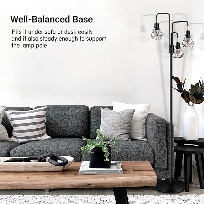 BoostArea Industrial Floor Lamp,Metal Diamond Lampshade,Modern Stand Up Lamp with 3 Light, Bulbs Not Included,Simple Design Floor Lamp for Bedroom, Living Room, Office, Kids Room, Reading