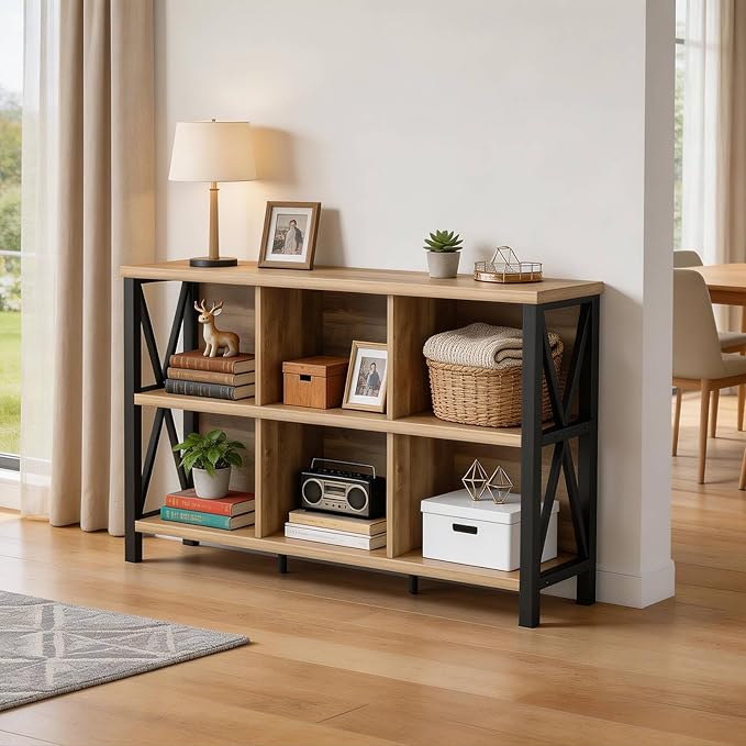 FATORRI 6 Cube Storage Organizer with Shelf, Long Wood and Metal Cubby Bookcase, Industrial Horizontal Bookshelf (Rustic Oak, 47 Inch)