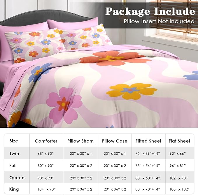 Pamnest Comforter Set Full Size, Retro Daisy Pink 7 Pcs Bedding for Kids and Adults, Hippie Aesthetic Kids Bed Sheet Sets with Fitted Sheet 2 Pillowcases & 2 Shams for Bedroom Bed Decor