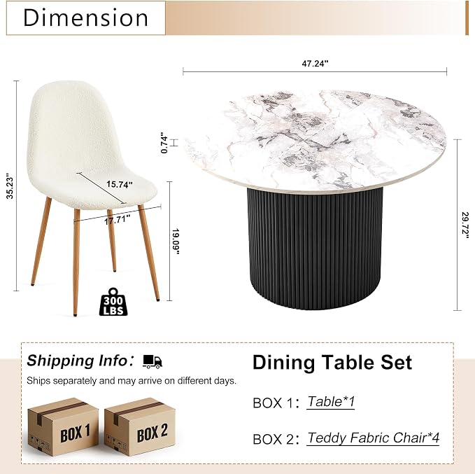 Dining Table Set for 4, Mid Century Modern 47 Inch White Marble-Look Wooden Round Dining Table Set, Space Saving (Table + 4 White Chairs)
