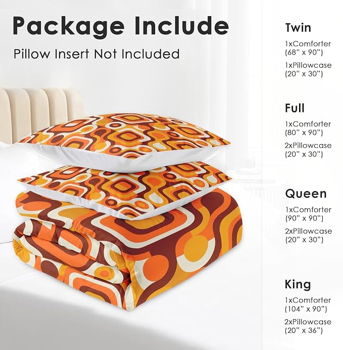 Pamnest Comforter Set Queen Size, 70S Retro Orange Soft Bedding for Kids and Adults, Abstract Brown Yellow Beige Comforter Set with 2 Pillowcases for Bedroom Bed Decor