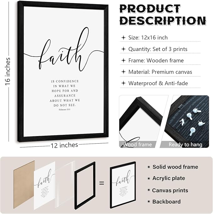 Bible Verses Wall Decor 3 Pieces Scripture Quotes Canvas Wall Art Faith Hope Love Scripture Posters Prints Christian Artwork Pictures for Living Room Bedroom Decoration 12x16 Inch Black Framed