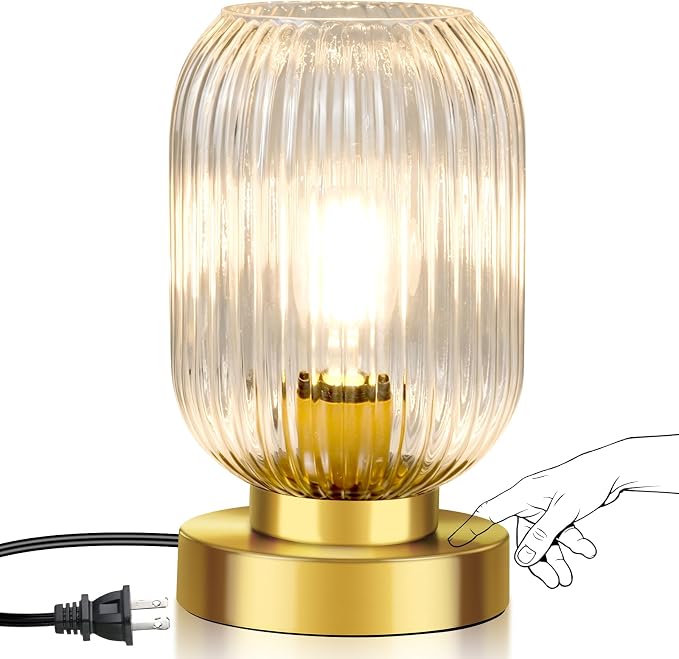 Mid Century Modern Table Lamp with Clear Ribbed Glass Shade, Touch Control & 3 Way Dimmable, Small Gold, Vintage Bedside Lamp for Bedroom, Living Room, Office (Bulb Included)