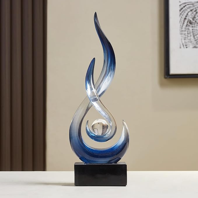 Blue Decor Modern Flame Statue Decorations for Living Room, 11.8" H Clear Sculptures Home Décor Accents, Abstract Art Resin Sandstone Sculpture for Shelf Dining Room Office Coffee Table Centerpiece