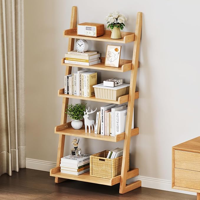 Uniclinens Natural Wooden Ladder Shelf, 5-Tier Leaning Bookshelf, Ladder Bookshelf for Compact Spaces, Leaning Bookcase for Living Room, Bedroom, Home Office