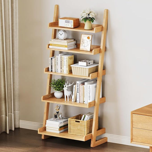 Uniclinens Natural Wooden Ladder Shelf, 5-Tier Leaning Bookshelf, Ladder Bookshelf for Compact Spaces, Leaning Bookcase for Living Room, Bedroom, Home Office