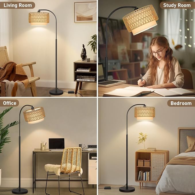 Rattan Floor Lamp, Dimmable Boho Floor Lamp, Farmhouse Arc Standing Lamp with Adjustable Rattan & Fabric Shades, Modern Lamp Tall Lamp for Living Room Bedroom Office Reading Room, Bulb Included