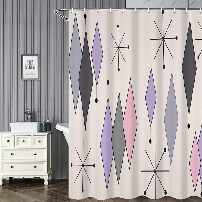 Boho Mid Century Shower Curtain Abstract Purple Grey Pink Diamond Geometric Atomic Starburst Pattern Beige for 1950s Retro Bathroom Decor Shower Curtain Set with 12 Hooks, 72x78 Inches
