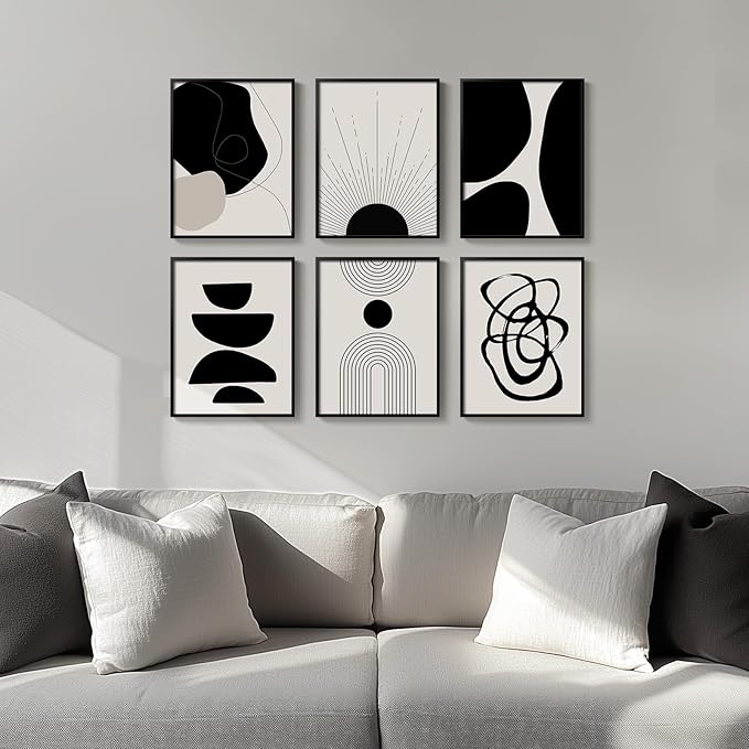 Framed Boho Black and White Abstract Wall Art, Set of 6 Modern Canvas Prints Paintings Artwork for Walls, Minimalist Geometric Pictures for Living Room Bedroom Office Bathroom Wall Decor 11x14 Inch
