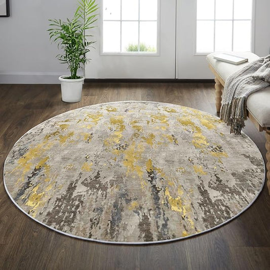 vivorug Round Rug 4ft Abstract Round Area Rug Non-Slip Indoor Carpet for Living Room Bedroom Entryway, Stain Resistant Home Decor Circle Rug, Grey/Mustard