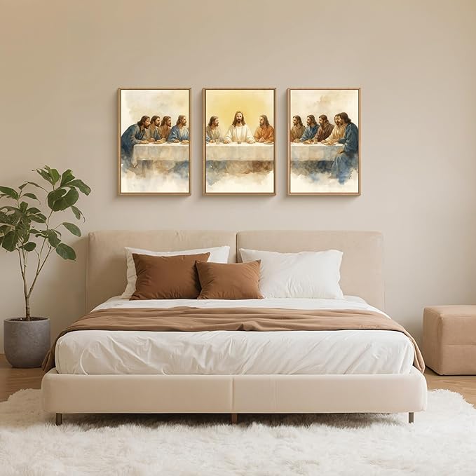 FWIEXA Jesus Last Supper Canvas Wall Art Set 3, Framed Christian Decor Painting, Religious Boho Prints, Bible Watercolor Artwork, 16x24In Verse Scripture Pictures for Living Room,Bedroom,Prayer Room