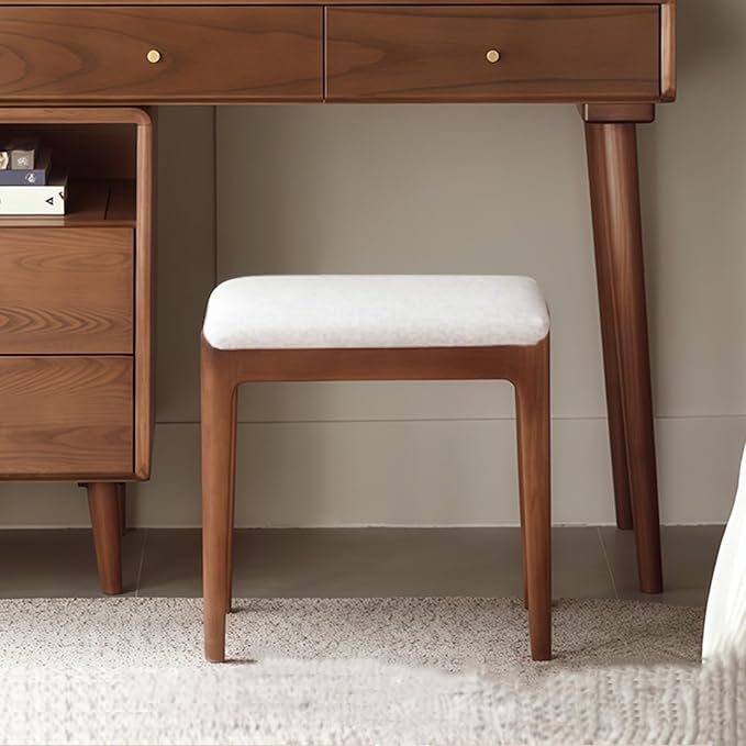 Vanity Stool, Ash Wood Vanity Chair, Wooden Chair for Vanity with Upholstered Cushions for Living Room, Bedroom, Walnut