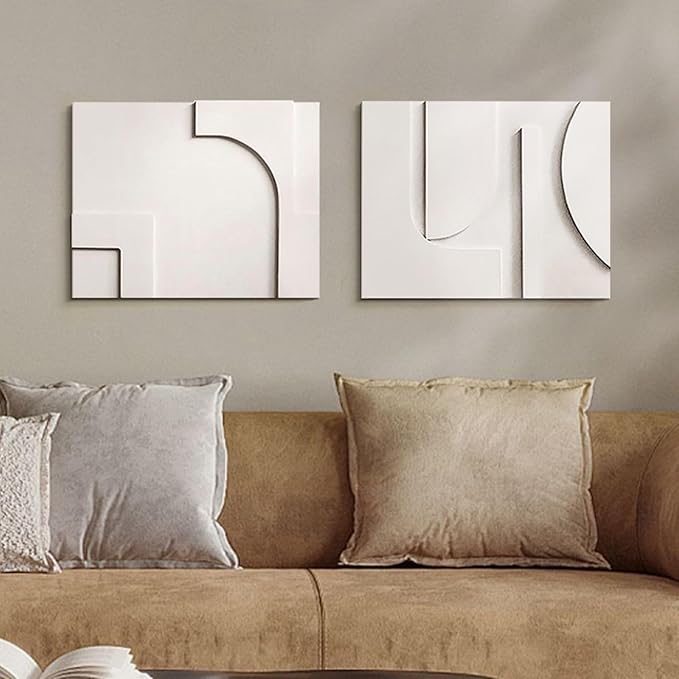 homary 2-Piece White Japandi 3D Abstract Wall Art Set – Modern Minimalist Carved Wall Sculpture for Living Room & Office (White, 23.6" W x 1.2" D x 15.7" H, Wall Art)