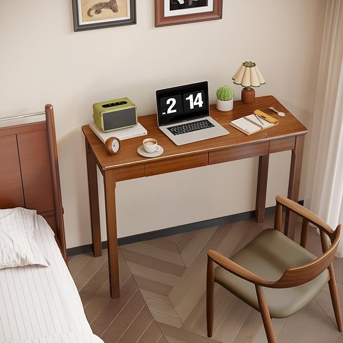 Wood Desk with Drawers - Solid Wood Mid Century Modern Desks for Bedroom, Small Computer Desk for PC, Laptop, Study, Makeup, 39.4 W x 29.5 H x 15.75 D in, Walnut Color