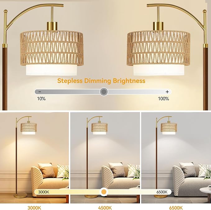 ILLMTW Rattan Floor Lamp for Living Room,Bedroom,Boho Wood Standing Lamp with Remote Dimmable,Vintage Mid Century Modern Gold Tall Lamp Wicker Lamp Shade Floor Lights Bohemian Tiffany Style